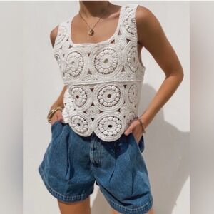 NWT Rebellion Cream Crochet Medallion Tank Top 100% Cotton Square Neck Small